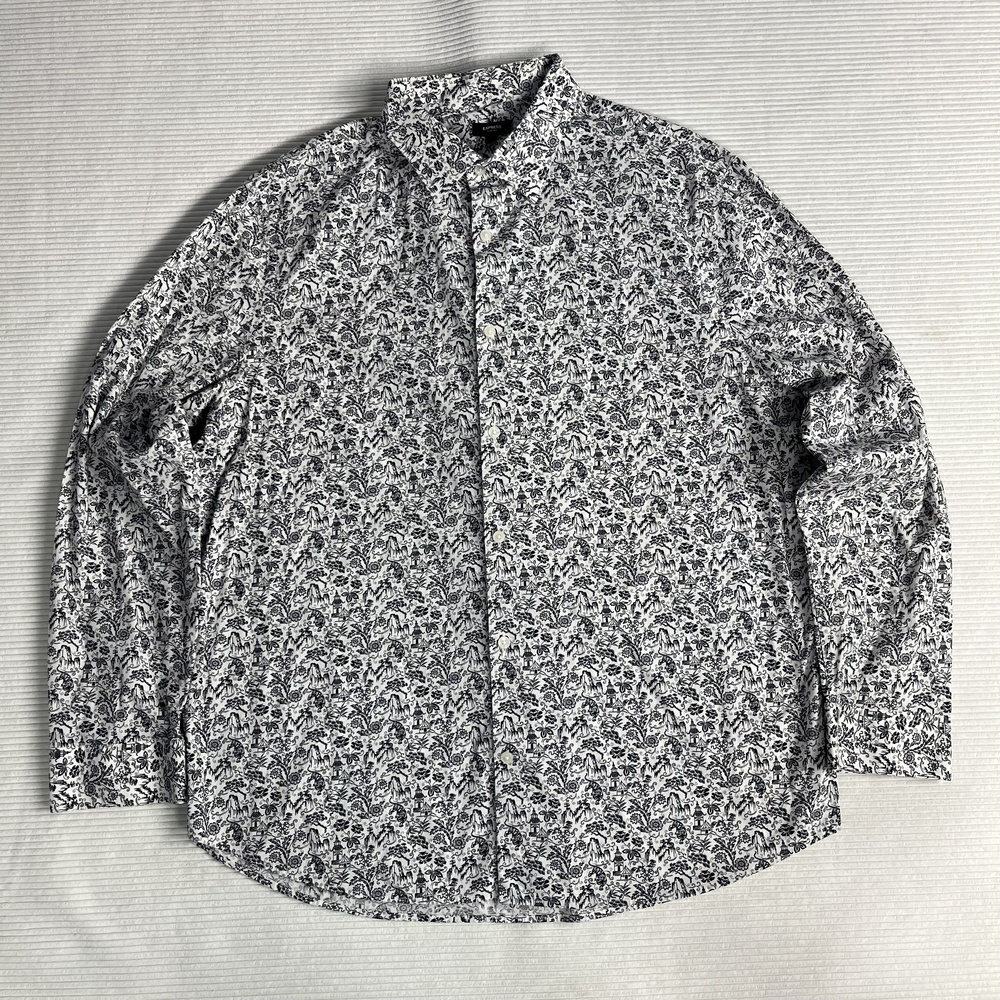 Express Dress Shirt Mens XL White Floral Slim 1MX Button Front Long Sleeve